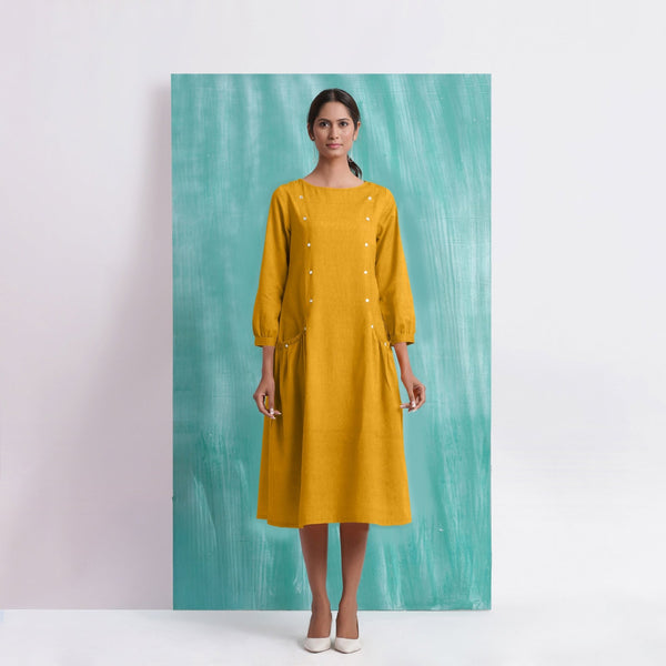 Yellow Mirror Work Embroidered Cotton Flax Paneled Midi Dress