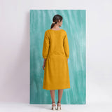 Yellow Mirror Work Embroidered Cotton Flax Paneled Midi Dress