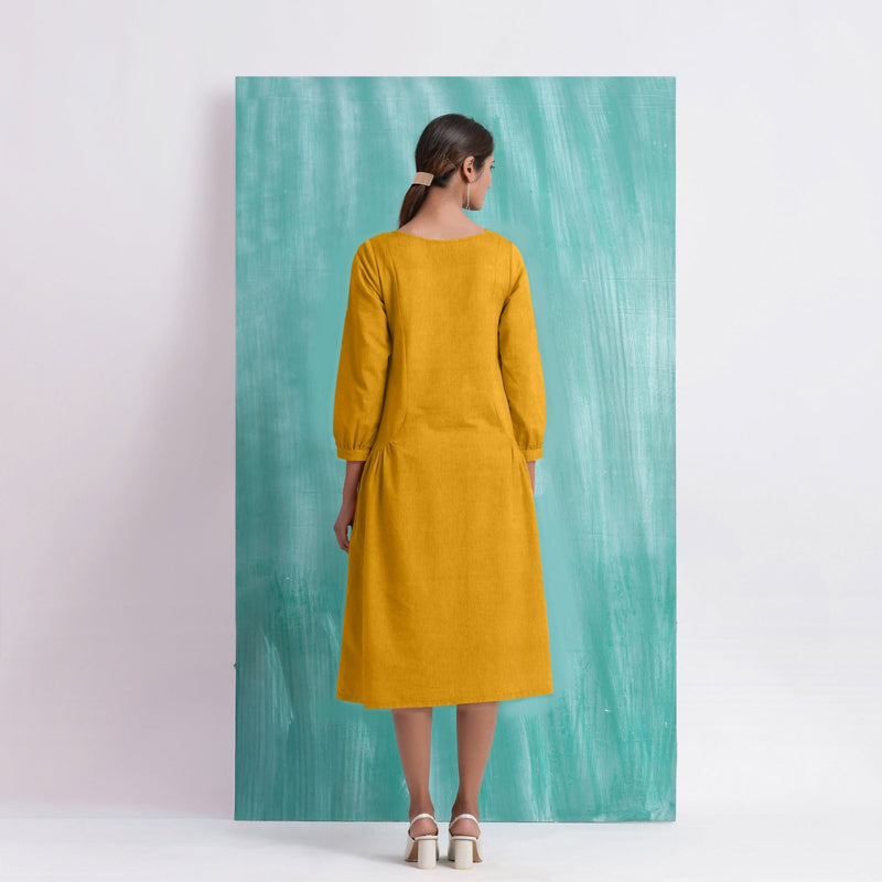Yellow Mirror Work Embroidered Cotton Flax Paneled Midi Dress
