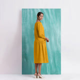 Yellow Mirror Work Embroidered Cotton Flax Paneled Midi Dress