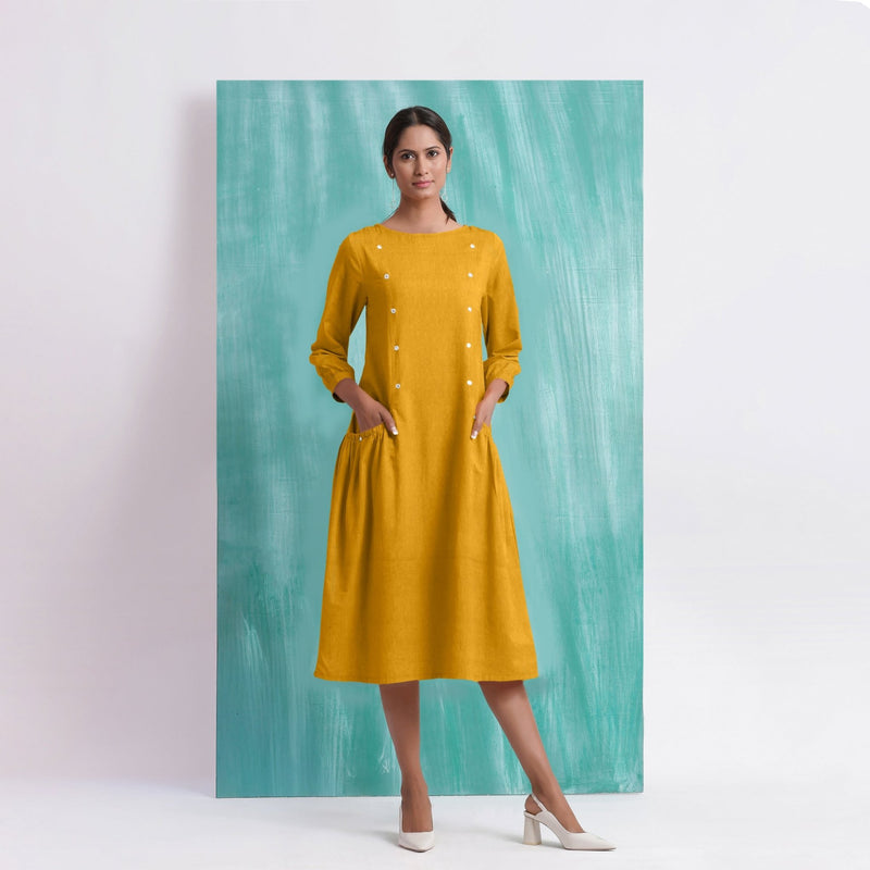 Yellow Mirror Work Embroidered Cotton Flax Paneled Midi Dress