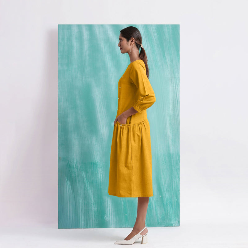 Yellow Mirror Work Embroidered Cotton Flax Paneled Midi Dress
