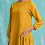 Yellow Mirror Work Embroidered Cotton Flax Paneled Midi Dress