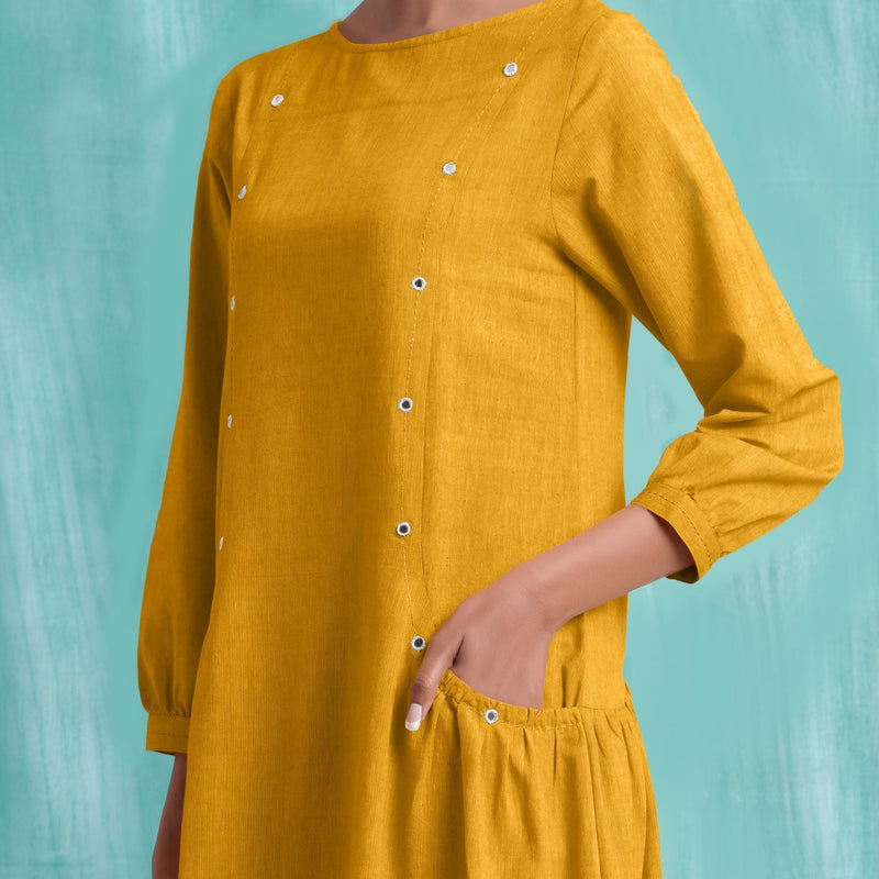 Yellow Mirror Work Embroidered Cotton Flax Paneled Midi Dress