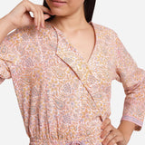 Front Detail of a Model wearing Yellow Paisley Block Printed Ankle Length Cotton Overall