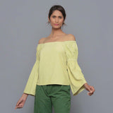 Front View of a Model wearing Yellow Pistachio Corduroy Bohemian Top