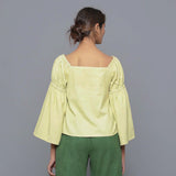 Back View of a Model wearing Yellow Pistachio Corduroy Bohemian Top