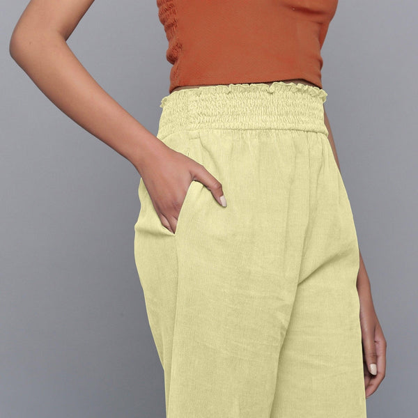 Front Detail of a Model wearing Yellow Pistachio Corduroy Striped Bootcut Pant