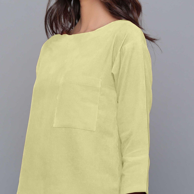 Front Detail of a Model wearing Yellow Pistachio Corduroy Drop Shoulder Top