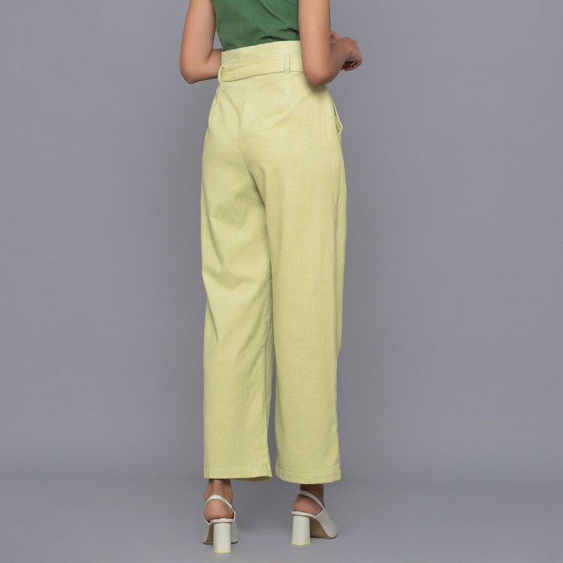 Back View of a Model wearing Yellow Pistachio Cotton Corduroy Pant