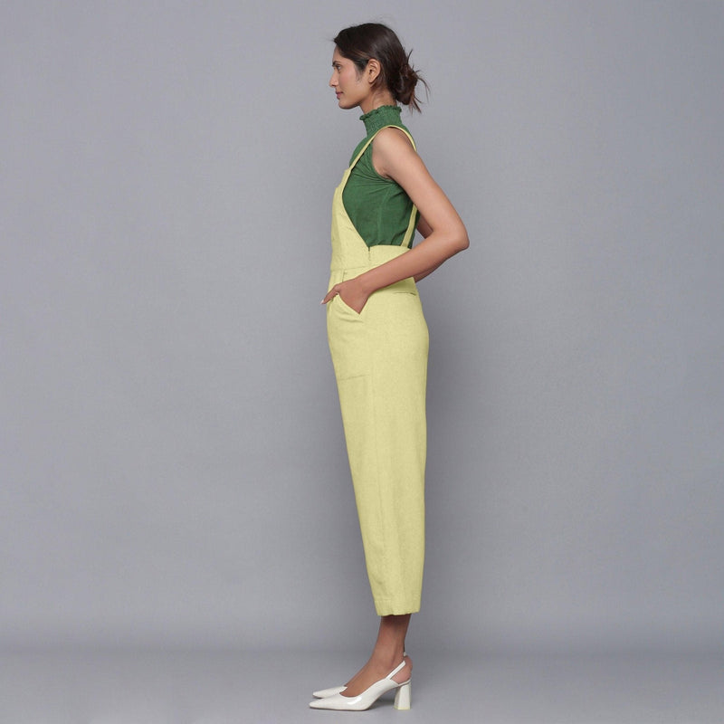 Left View of a Model wearing Yellow Pistachio Cotton Corduroy Dungaree