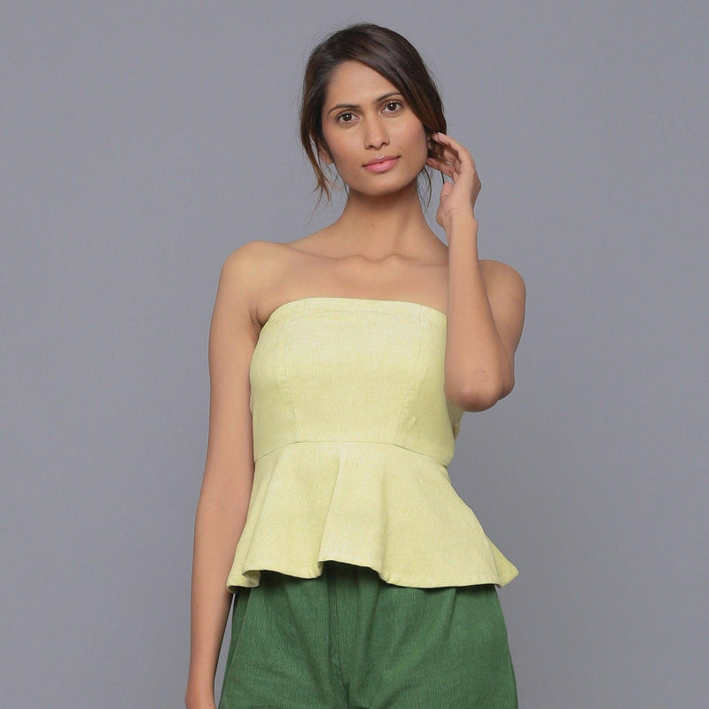 Front View of a Model wearing Yellow Pistachio Cotton Corduroy Tube Top