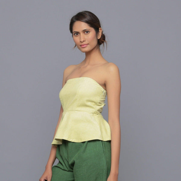 Left View of a Model wearing Yellow Pistachio Cotton Corduroy Tube Top