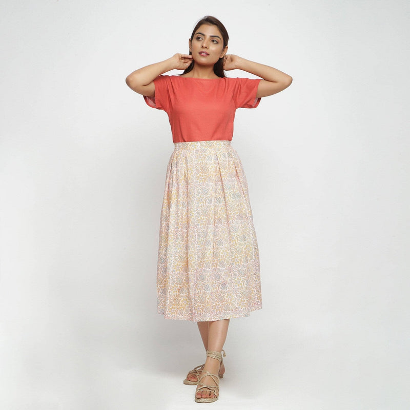 Front View of a Model wearing Sanganeri Pleated Block Printed Skirt