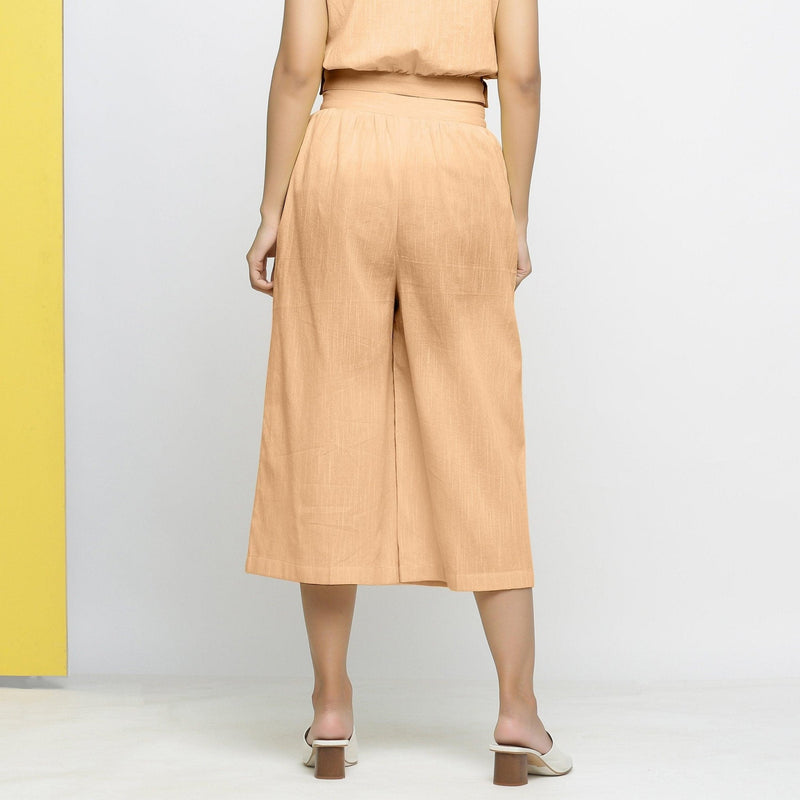 Back View of a Model wearing Yellow Yarn-Dyed 100% Cotton Flared Culottes