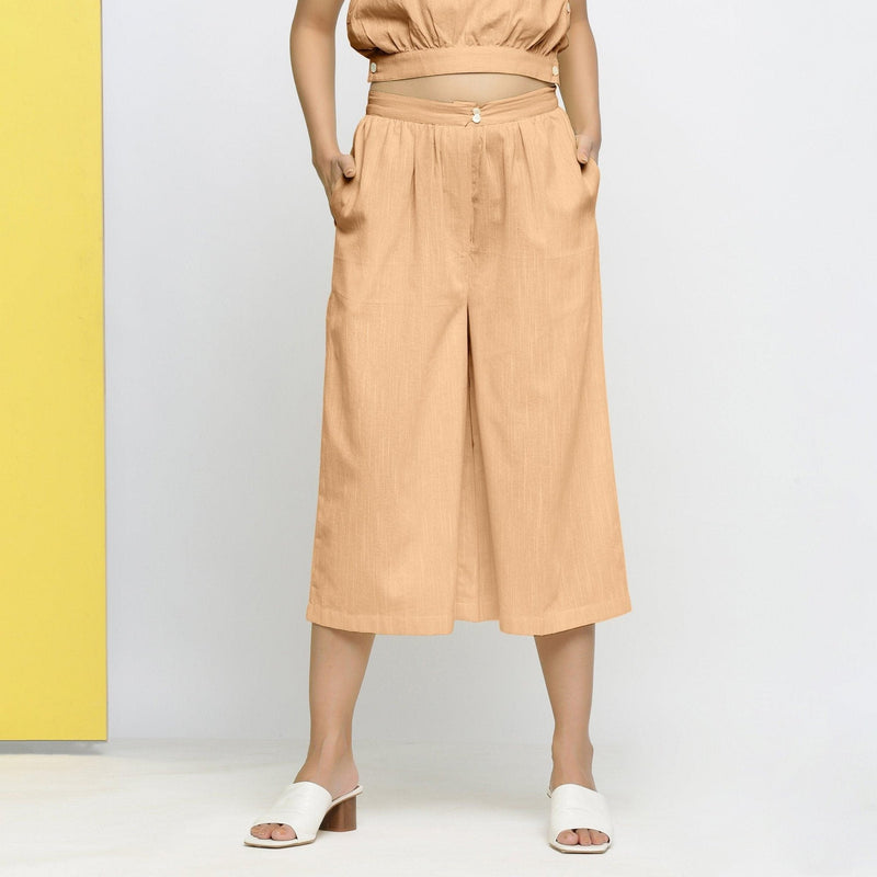 Front View of a Model wearing Yellow Yarn-Dyed 100% Cotton Flared Culottes