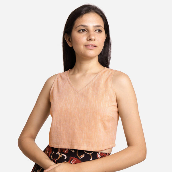 Front View of a Model wearing Solid Yellow Yarn Dyed Cotton Crop Top