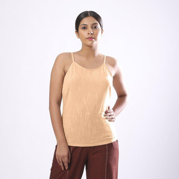 Front View of a Model wearing Solid Yellow Basic Cotton Spaghetti Top