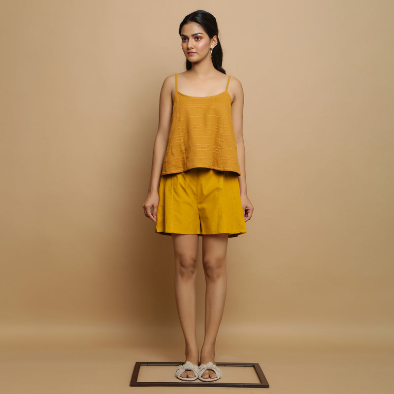 Golden Yellow Cotton Poplin Mid-Rise Shorts