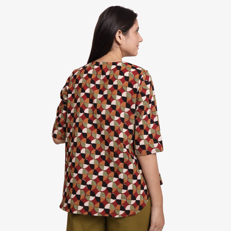 Back View of a Model wearing Brick Red Block Printed Button-Down Shirt