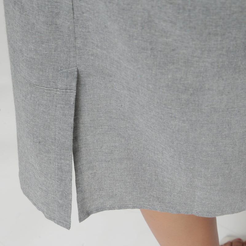 Close View of a Model wearing Grey Yarn Dyed Cotton Straight Skirt