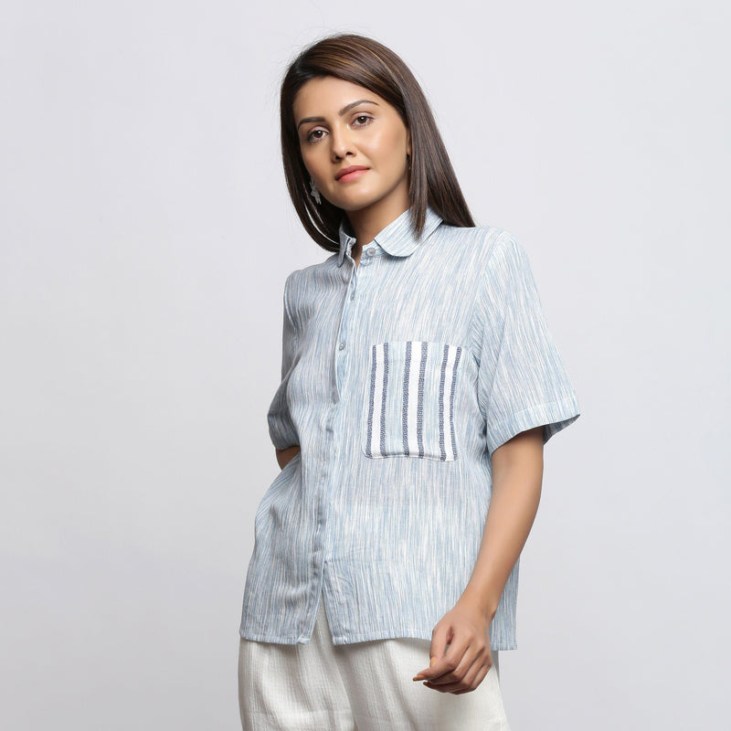 Front View of a Model wearing Sky Blue Yarn Dyed Button-Down Shirt