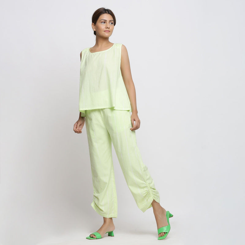 Front View of a Model Wearing Mint Green Shirring Top and Straight Pant Set