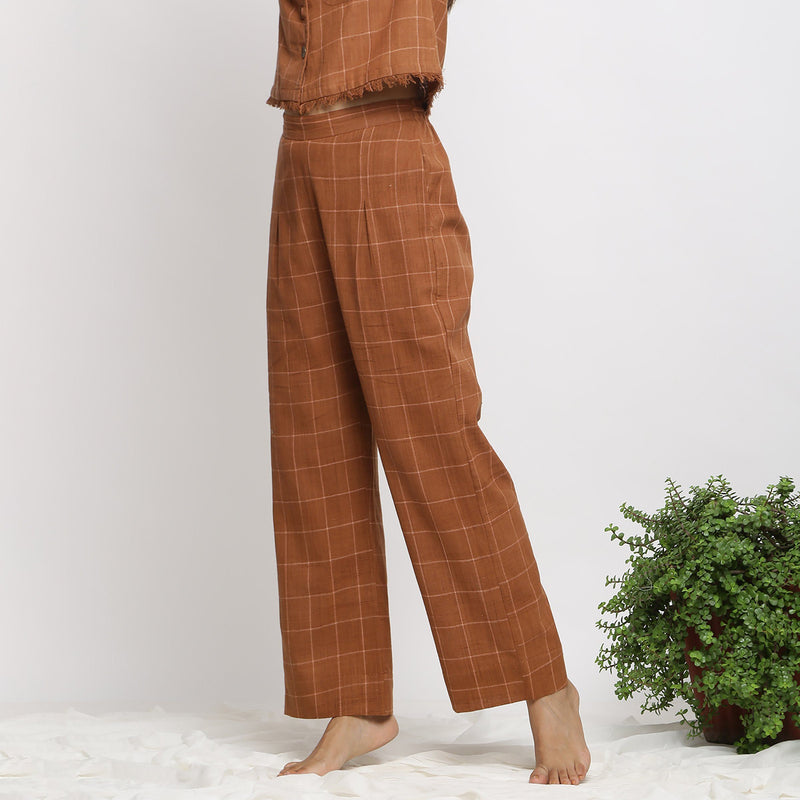 Right View of a Model wearing Almond Brown Handspun Check Pant