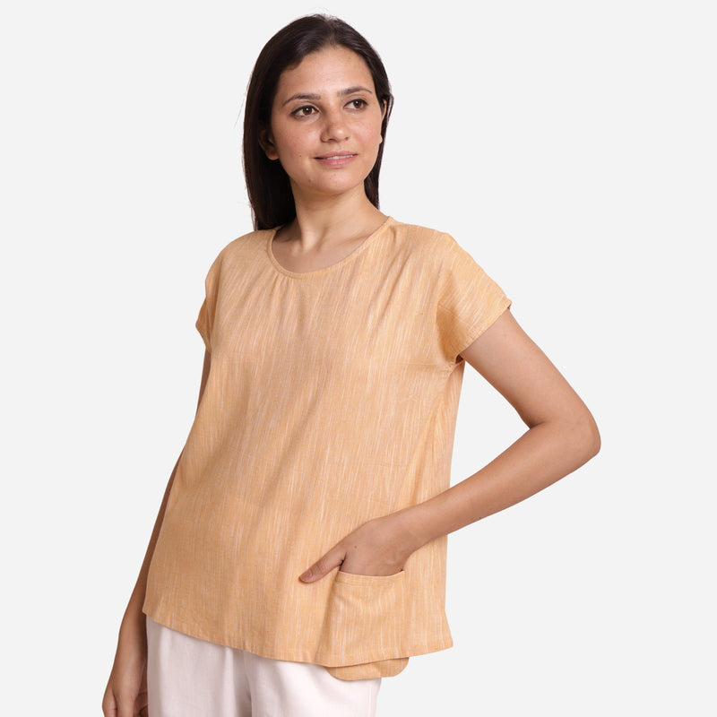 Left View of a Model wearing Light Yellow Boat-Neck Anti-Cling Top
