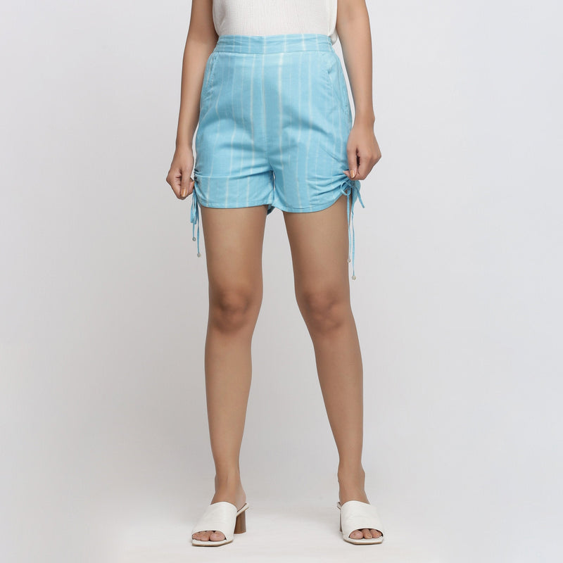 Front View of a Model wearing Aqua Blue Tie-Dye Cotton Elasticated Short Shorts