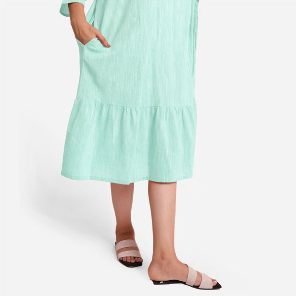 Close View of a Model wearing Aqua Yarn-Dyed 100% Cotton Tier Dress