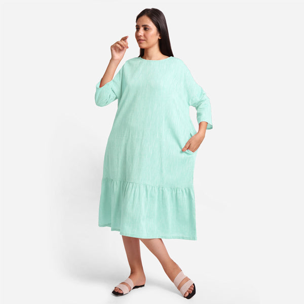 Front View of a Model wearing Aqua Yarn-Dyed 100% Cotton Tier Dress