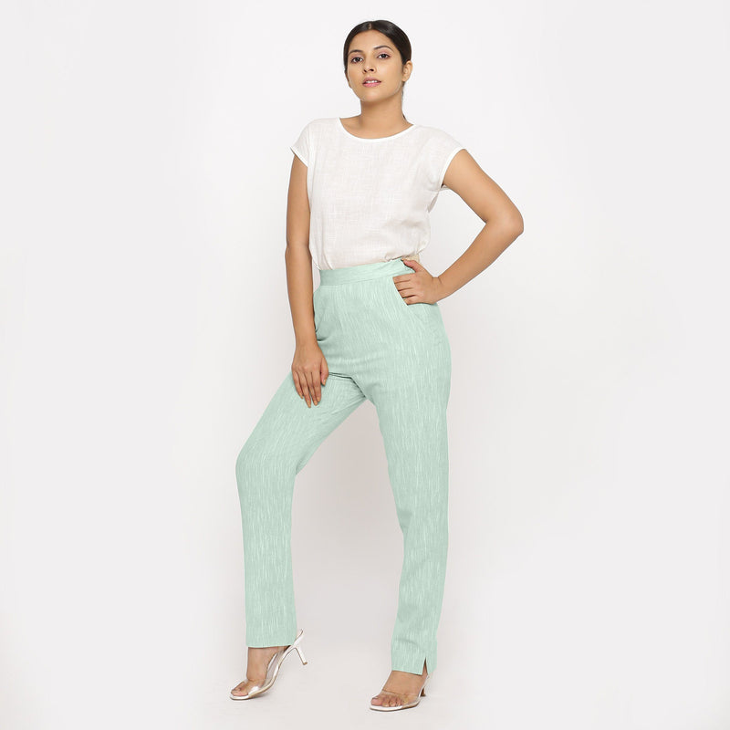 Front View of a Model wearing Aqua Yarn Dyed Mid Rise Tapered Pant