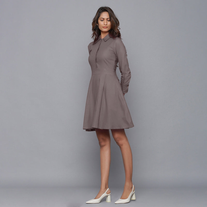 Left View of a Model wearing Ash Grey Button-Down Flannel Dress