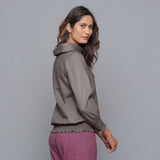 Back View of a Model wearing Ash Grey Cowl Neck Flannel Blouson Top