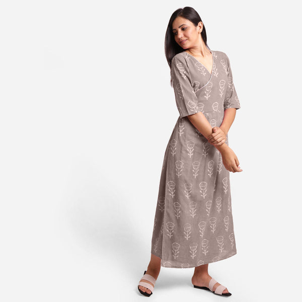 Right View of a Model wearing Ash Grey Dabu Print 100% Cotton Wrap Dress