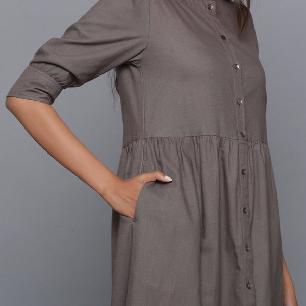 Right View of a Model wearing Ash Grey Flannel Gathered Dress