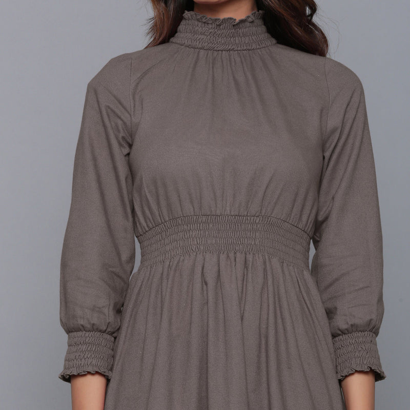 Front Detail of a Model wearing Ash Grey Flannel High Neck Midi Dress