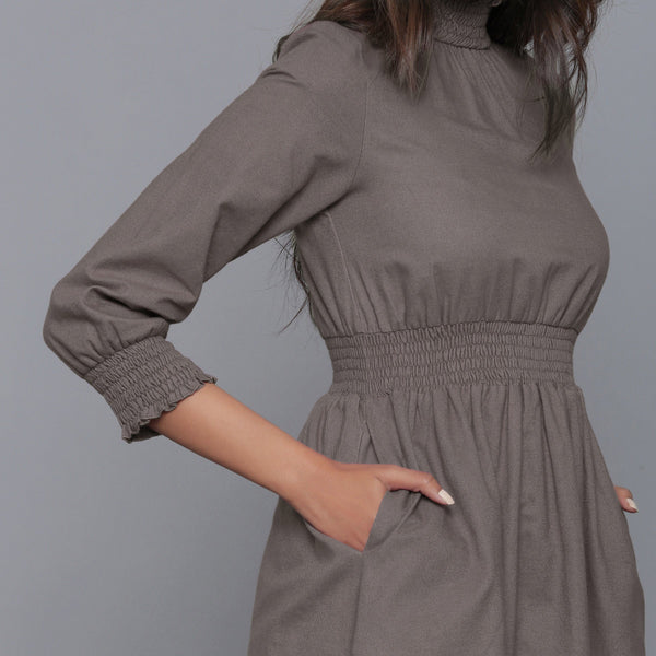 Right Detail of a Model wearing Ash Grey Flannel High Neck Midi Dress