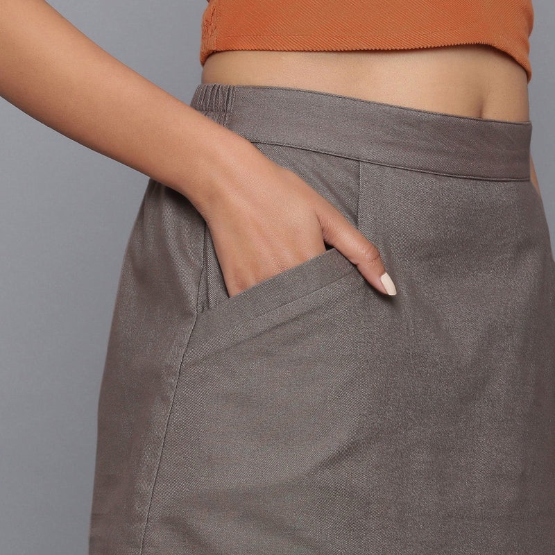 Right Detail of a Model wearing Ash Grey Flannel Mini Pencil Skirt