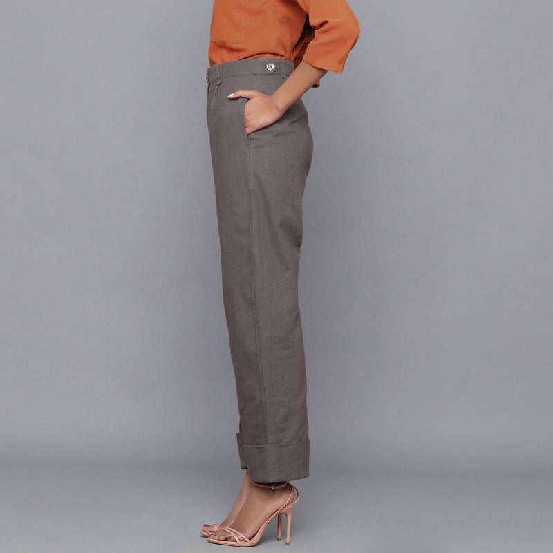 Left View of a Model wearing Ash Grey Flannel Rolled-Up Straight Pant