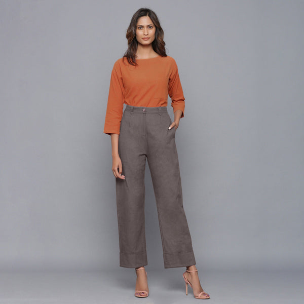 Front View of a Model wearing Ash Grey Flannel Rolled-Up Straight Pant