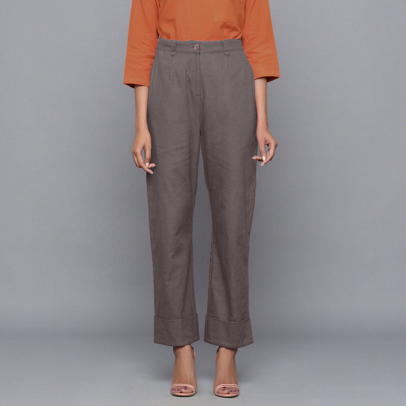 Front View of a Model wearing Ash Grey Flannel Rolled-Up Straight Pant