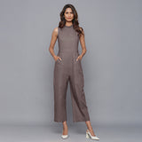 Front View of a Model wearing Ash Grey Flannel Sleeveless Jumpsuit