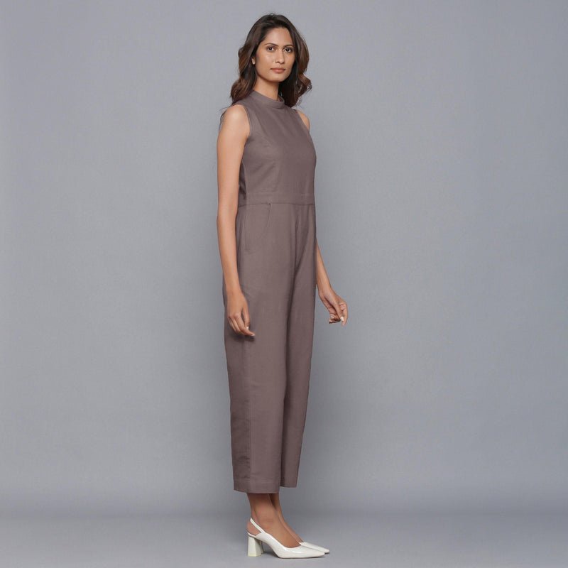 Right View of a Model wearing Ash Grey Flannel Sleeveless Jumpsuit