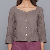 Front Detail of a Model wearing Ash Grey Flannel Sweetheart Neck Top