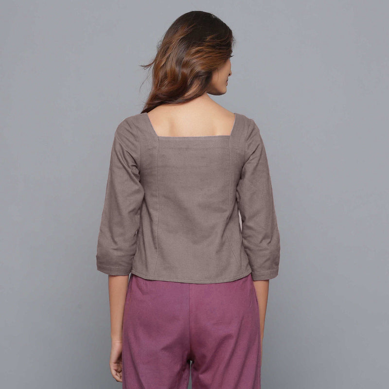 Back View of a Model wearing Ash Grey Flannel Sweetheart Neck Top