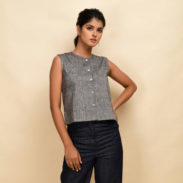 Front View of a Model wearing Ash Grey 100% Cotton Crop Shirt