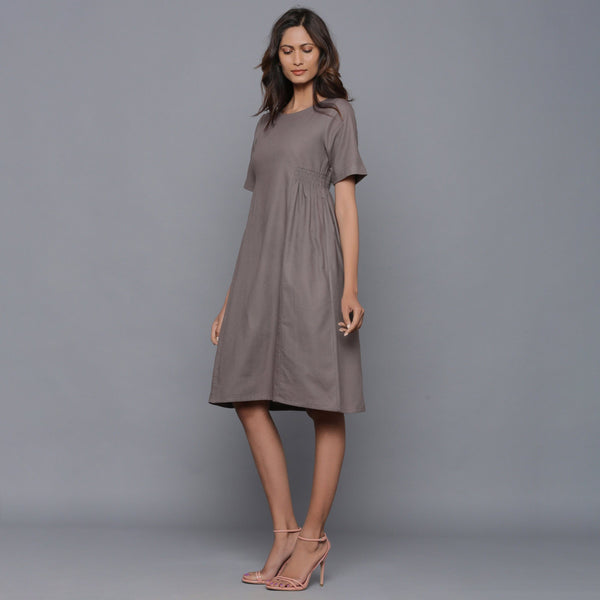 Front View of a Model wearing Ash Grey Paneled Cotton Flannel Dress