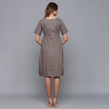 Back View of a Model wearing Ash Grey Paneled Cotton Flannel Dress